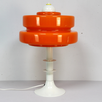 Lámpara de sobremesa pop - Fabricada en metal lacado en color marfil y amarillo y cristal opalino en naranja.
Está el lacado y electricidad renovada