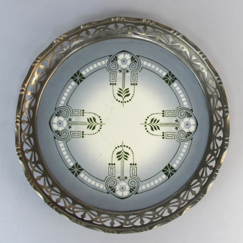 Bandeja Art Nouveau alemana - Fabricada en cerámica y metal niquelado.
